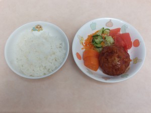 幼児食 ご飯 煮込みハンバーグ ボイル野菜 トマト 人参グラッセ