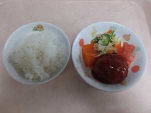 幼児食 ご飯 豆腐ハンバーグ ボイル野菜 トマト 人参グラッセ