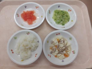 離乳食2 ご飯、豚肉と豆腐のだし煮、キャベツときゅうりのサラダ、トマト