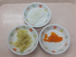 離乳食3 ペースト おかゆ 人参とキャベツのだし煮 さつま芋のだし煮