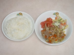 幼児食 ご飯 豚肉のしょうが焼き マカロニサラダ トマト