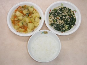 離乳食 3倍がゆ 野菜のうま煮 ほうれん草のそぼろあんかけ