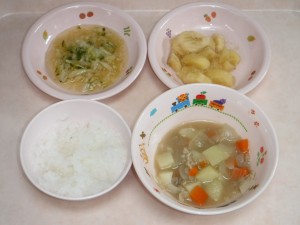 離乳食 3倍がゆ 牛肉スープ 野菜あんかけ 煮バナナ