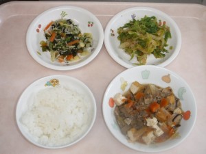 幼児食 ご飯 牛肉と厚揚げの炒め物 ちりじゃこサラダ 白菜のおかか遇え （保育所栽培）