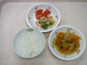 離乳食3 ご飯 かぼちゃの煮物 甘酢和え トマト