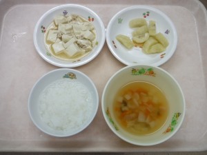 離乳食 5倍がゆ 野菜スープ 豆腐のそぼろ煮 煮バナナ