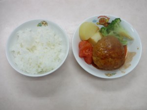 幼児食 ご飯 煮込みハンバーグ ボイル野菜 トマト