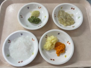 離乳食 ・つぶしがゆ ・人参とじゃが芋のマ　 　ッシュ ・キャベツ、ブロッコ 　リーのマッシュ ・煮バナナ