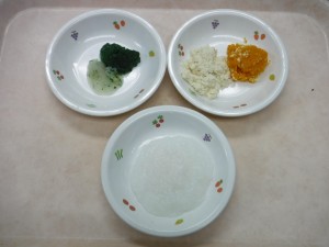離乳食2 ペースト おかゆ 玉葱とほうれん草 豆腐と人参