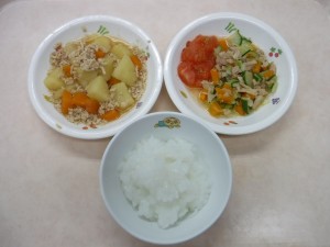 離乳食1 なんはん じゃが芋のそぼろ煮 野菜サラダ トマト
