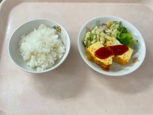 幼児食 ・ご飯 ・キャロットオムレツ ・マカロニサラダ ・ブロッコリー
