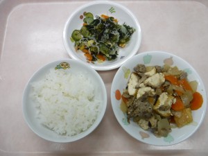 幼児食 ご飯 牛肉と厚揚げの炒め物 ちりじゃこサラダ