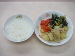 離乳食 ご飯 じゃが芋のそぼろ煮 ひじきサラダ トマト