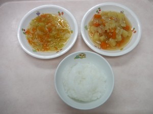 離乳食 5倍がゆ 根菜のそぼろ煮 キャベツのくたくた煮