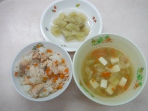 離乳食 魚いり混ぜご飯 味噌汁 煮ばなな